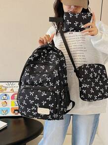 3-Piece Nylon Bow Allover Print Multi-Pocket Foldable Waterproof Zipper Backpack, Suitable For Teenagers, High School And College Students, Graduation, Daily School, Training, Women, Valentine's Day Outfit, Commute, Shopping, Travel, Gift, Back To School Essentials, Fashion School Backpack With Pencil Case, Cute Bow Backpack
