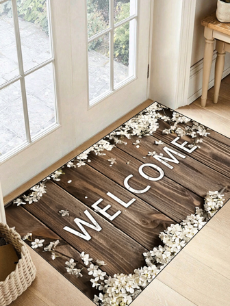 1pc 'Wood Paneled Background, White Peach Border Center WELCOME At Bottom Left And Top Right' Doormat, Indoor Mat, Throw Rug, Creative Door Mat, Entryway Themed Mat, Home Decor, Non-Slip Floor Rug Mat, Bedroom Accessories, Photo Props, Outdoor Decor, Throw Rug, Area Rug, Gift
