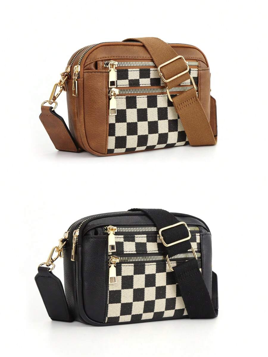 女士格纹斜挎包，PU 斜挎包，可调节肩带，女士单肩包