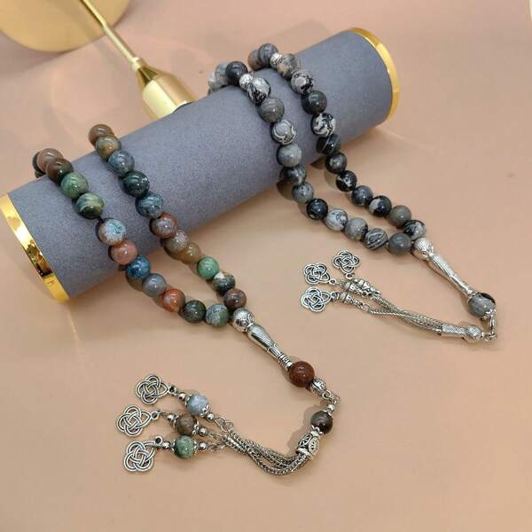 Rosário masculino de ágata natural estilo árabe com 33 peças, 10 mm, com detalhes exclusivos, personalizados e naturais, decorado com acessórios de metal, adequado para orações e presentes festivos