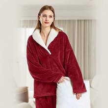 Sheonly 4 Colors Fashion Autumn And Winter Warm Women Pajamas Set,Casual Homewear Pajamas Loose Lapel Collar Loungewear Set,Women Pullover Sleepwear,Long Sleeve 2 Pieces Pajamas Set - Burgundy - View 3