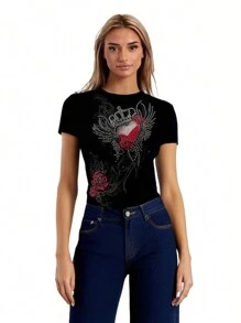 Womenacute;S Slim Gothic Tops Retro Rhinestone Cross  Wing Print Cap Sleeve Round-Neck Grunge T-Shirts For Summer Spring - Black - View 2