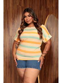 Women's Short Sleeve Striped Round Neck Blouse - TWO-cOLOR LIGHT ORANGE - View 3
