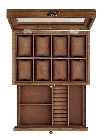  Caja de reloj de 8 ranuras SONGMICS de 2 niveles, caja de madera para relojes con tapa de , cojines, forro de terciopelo, joyero, regalo para seres queridos, marrón nuez, almacenamiento para dormitorio escolar