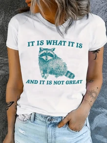 200g T-Shirt/1pcs T-Shirt/100% Polyester Fashionable Women's Creative Raccoon Painting Print Short-Sleeved T-Shirt