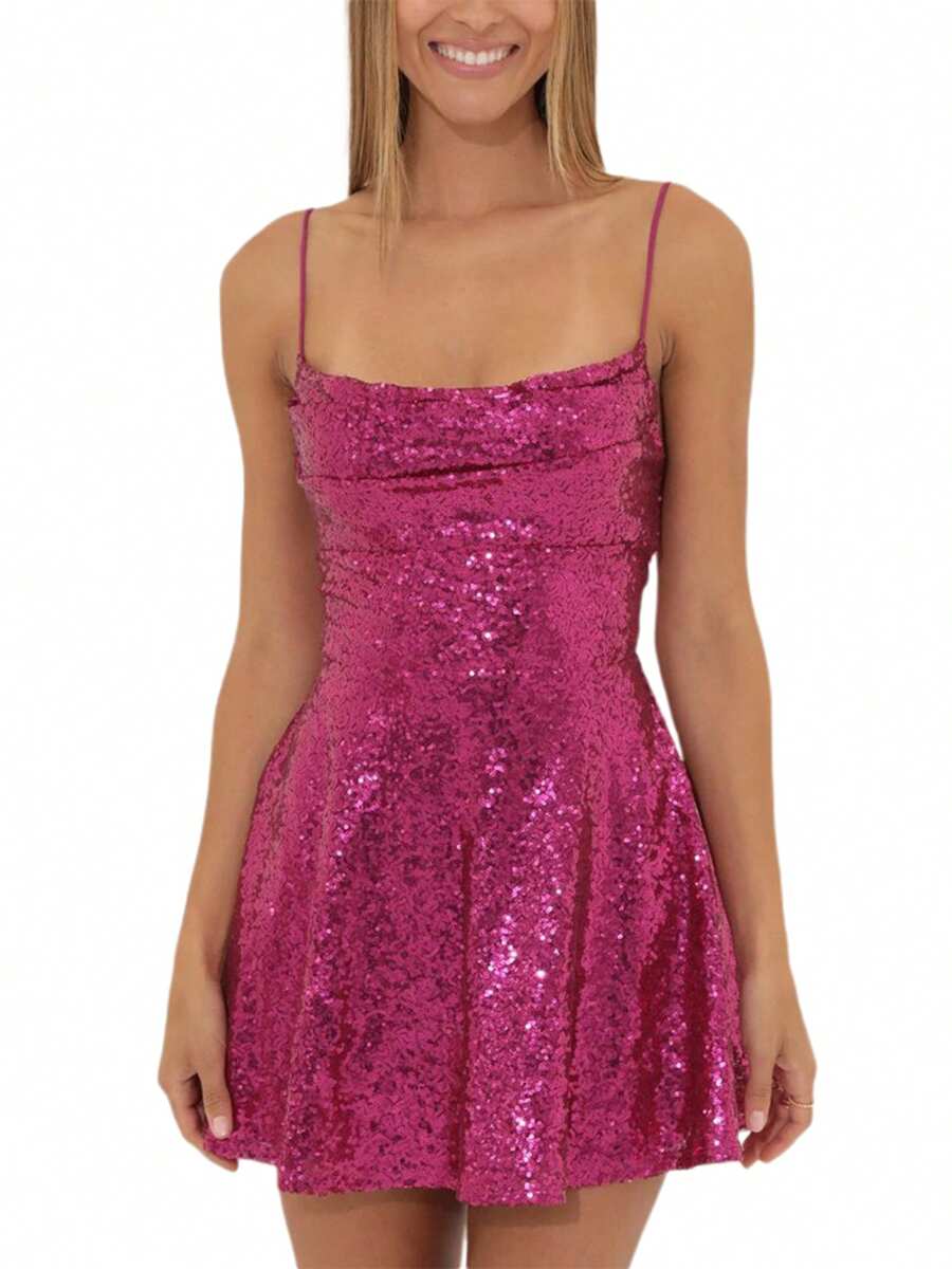 Women Shiny Sequins Dress Summer Backless A-Line Mini Party Dress For Cocktail Beach Streetwear - Hot Pink - View 1