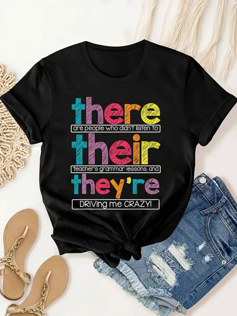 Text Printed Women's T-Shirt, Summer Women's Fashionable, Casual, Comfortable, Soft, Sports And Fitness Daily Outdoor Breathable Round Neck Short-Sleeved T-Shirt - 黑色 - 查看 1