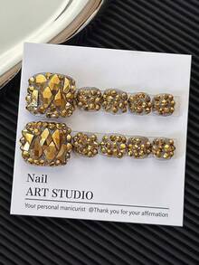 10pcs/Pack Rhinestone Studded Square Toe Nail Stickers, Handmade With Colorful Transparent Rhinestones And Glitter Design, Reusable Sparkling Nail Art Decals For Women - Gold - View 2