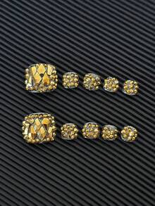 10pcs/Pack Rhinestone Studded Square Toe Nail Stickers, Handmade With Colorful Transparent Rhinestones And Glitter Design, Reusable Sparkling Nail Art Decals For Women - Gold - View 3
