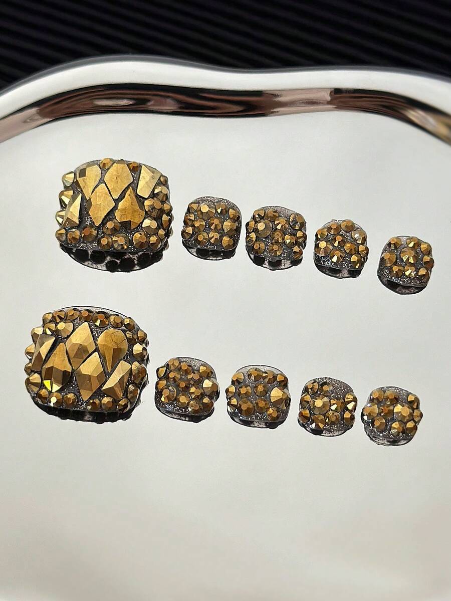 10pcs/Pack Rhinestone Studded Square Toe Nail Stickers, Handmade With Colorful Transparent Rhinestones And Glitter Design, Reusable Sparkling Nail Art Decals For Women - Gold - View 1