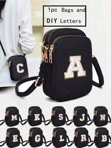 1 件 DIY 大字母休闲时尚斜挎包带手机布袋垂直零钱包适合女孩、旅行、返校、礼物 - 黑色 - 查看 1