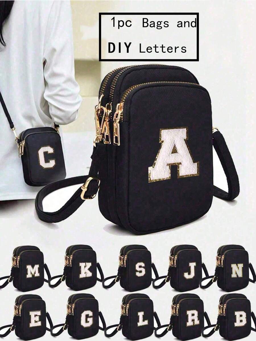 1 件 DIY 大字母休闲时尚斜挎包带手机布袋垂直零钱包适合女孩、旅行、返校、礼物 - 黑色 - 查看 1