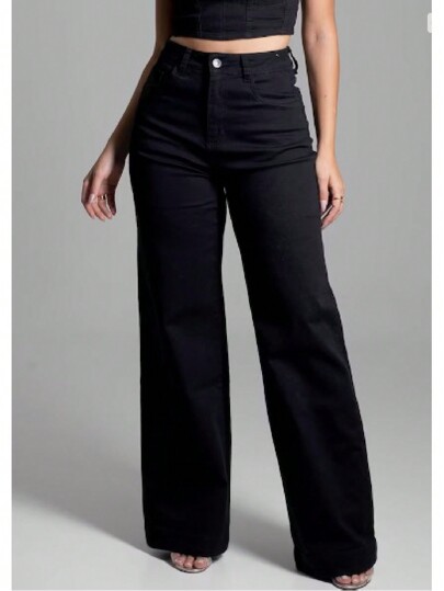 Calça Jeans Feminina Wide Leg pantalona Cintura Alta Tecido grafite