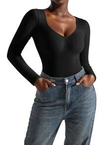 Plus Size Women Ribbed Long Sleeve Bodysuit Black - Black - View 5
