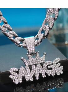 1 Piece Shiny Savage Pendant Necklace - Ice Cuban Chain, Miami Style, Hip Hop Jewelry, Unisex Gift For Men And Women, Choker Necklace, Fashion Accessories - 銀色 - 查看 4