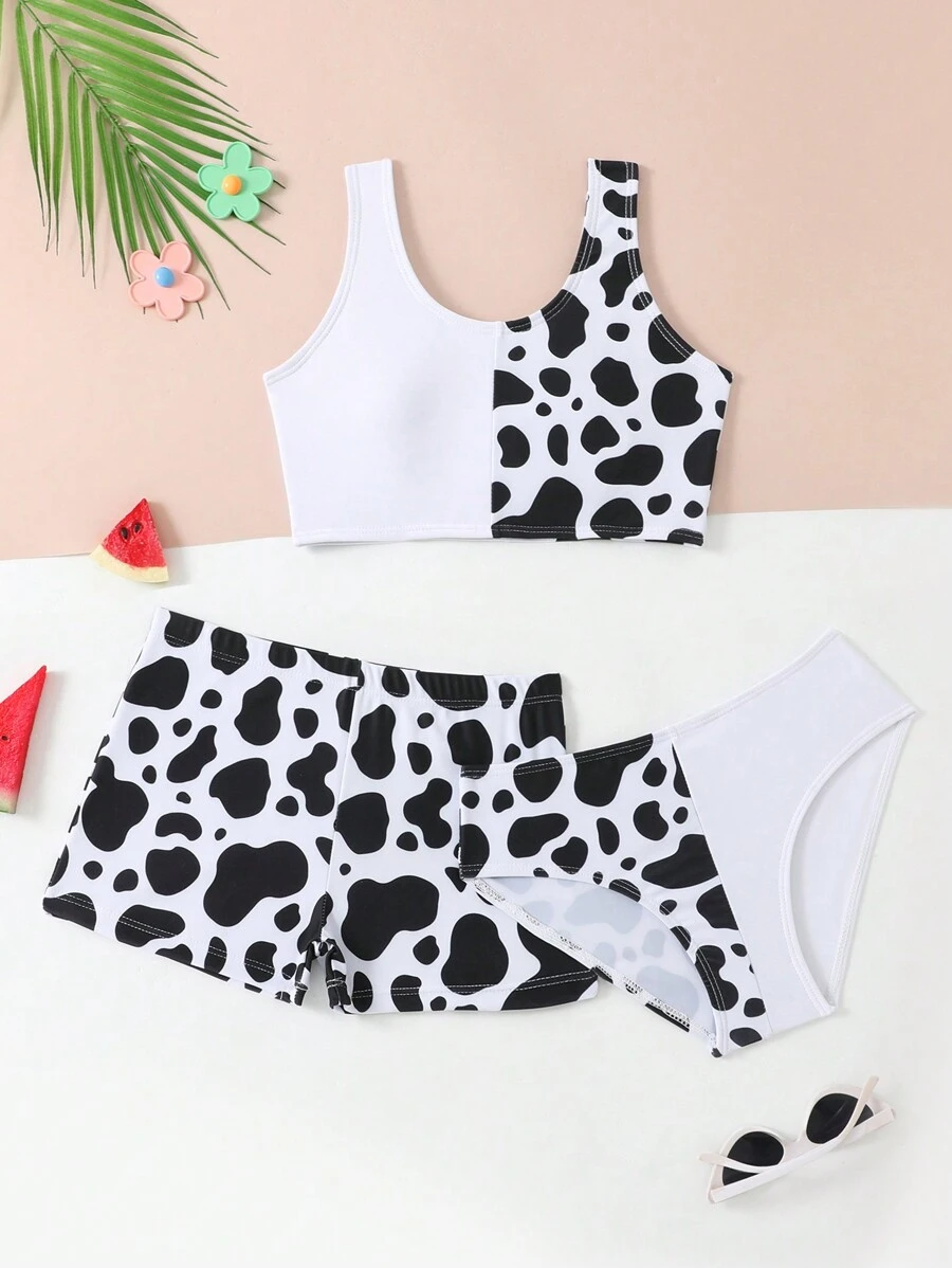 2pcs/3pcs Set Tween Girl 2024 Bikini Swimwear - Black and White - View 1