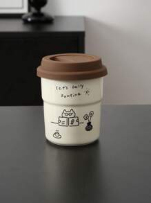 1 件卡通猫陶瓷咖啡杯，带硅胶盖的办公室拿铁杯，防漏，适合办公室和家庭使用，可微波炉加热，是返校最佳生日礼物