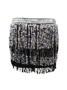 Women Sexy Belly Skirt, Sequined Fringe Miniskirt With Adjustable Waist Straps, Mini Skirt For Dance Performance, Rave Party - 白色 - 查看 3