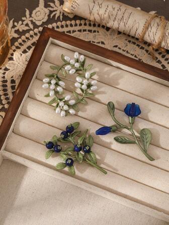 1 pièce Couronne perlée laquée verte, myrtille, broche en résine muguet, série végétale - épine, arum, blé, branche de rosée, rose, bleuet, série de fruits - citron, cerise, forme de grappe de raisin, convient pour le port quotidien des femmes, anniversaire, banquet