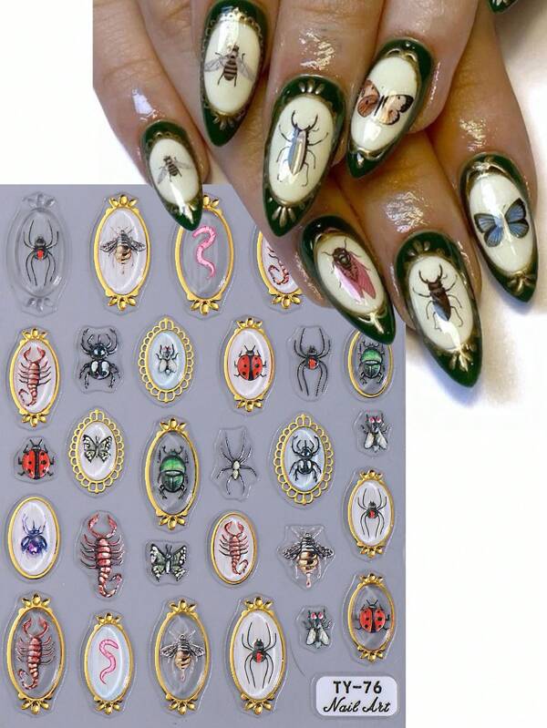 1 Sheet 5D 3D Insect Nail Art Stickers, Colorful Vintage Frame Pattern, Ladybug, Butterfly, Spider, Centipede Designs, DIY Nail Decor Stickers, Nail Art Accessories, Great Gift For Girls Nails Nail Supplies