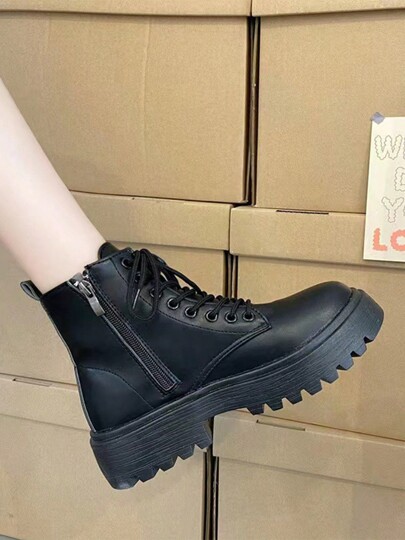Nuevos botines de mujer de moda casua,unicolor para nieve,con cordones y cremalera latera.color negro,Estilos con pantalones cortos, botas de mujer de estio británico,botas de motociclista hasta el tobillo, cómodas para usoen exteriores, botas de motorista de mujer con estilo, botas cortas o botas de motorista