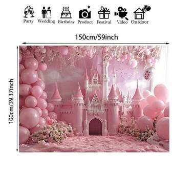 1pc Charming Pink Castle & Balloon Birthday Party Backdrop - Single-Sided Polyester Fabric, Suitable For Photography Studio, Living Room And Outdoor Decor, No Electricity Needed Birthday Party Decoration