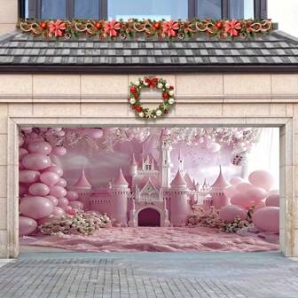 1 pieza Encantadora fotografía de fondo de fiesta de cumpleaños con castillo rosa y globo - Tela de poliéster de una sola cara, adecuada para estudio de fotografía, sala de estar y decoración al aire libre, sin necesidad de electricidad para decoración de fiesta de cumpleaños