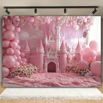1 pieza Encantadora fotografía de fondo de fiesta de cumpleaños con castillo rosa y globo - Tela de poliéster de una sola cara, adecuada para estudio de fotografía, sala de estar y decoración al aire libre, sin necesidad de electricidad para decoración de fiesta de cumpleaños