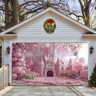 1 件迷人粉色城堡和气球生日派对背景 - 单面涤纶面料，适用于摄影工作室、客厅和户外装饰，无需电力生日派对装饰
