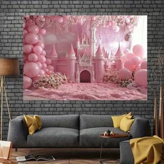 1pc Charming Pink Castle & Balloon Birthday Party Backdrop - Single-Sided Polyester Fabric, Suitable For Photography Studio, Living Room And Outdoor Decor, No Electricity Needed Birthday Party Decoration