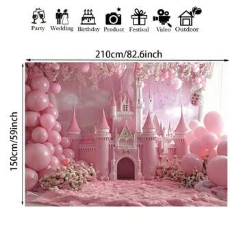 1pc Charming Pink Castle & Balloon Birthday Party Backdrop - Single-Sided Polyester Fabric, Suitable For Photography Studio, Living Room And Outdoor Decor, No Electricity Needed Birthday Party Decoration