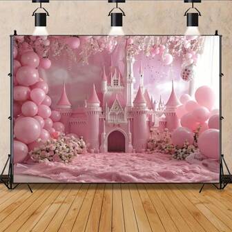 1 件迷人粉色城堡和气球生日派对背景 - 单面涤纶面料，适用于摄影工作室、客厅和户外装饰，无需电力生日派对装饰
