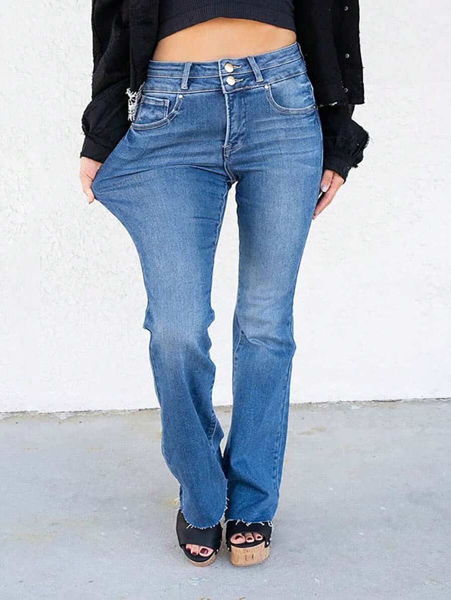 Women's Plus Size Elegant Straight-Leg Stretch Denim Jeans With Pockets - Machine Washable, All-Season Comfort - 藍色 - 查看 1