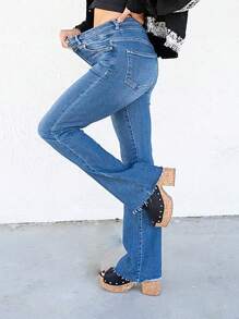 Women's Plus Size Elegant Straight-Leg Stretch Denim Jeans With Pockets - Machine Washable, All-Season Comfort - 藍色 - 查看 4