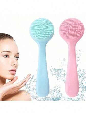 1pc/2pcs Silicone Manual Cleansing Brush, Skin Friendly Waterproof Face Washer Exfoliating Cleanser For Removing Makeup Residue From Blackheads And Whiteheads - Blue And Pink