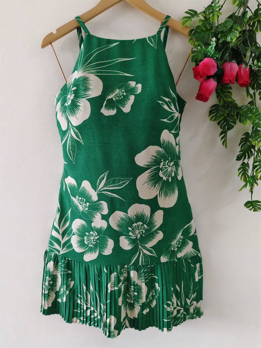 Women's Floral Dress - Màu xanh lá cây đậm - Xem 1