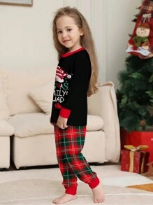 2pcs Christmas Pajama Set For Kids 4Y-12Y, Santa Hat & Letter Print Top + Plaid Pants