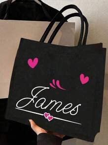 2pcs Personalized Name Heart Pattern Tote Bag And Cosmetic Bag Set, Women's Linen Large Capacity Tote Bag, Shopping Bag, Portable Casual Storage Tote Bag, Suitable For Daily Travel, Beach Vacation, Large Capacity Shopping Bag, Women's Tote Bag, Portable, Multifunctional, Versatile, Large Capacity, Lightweight, Practical, Multipurpose, Colorful, Cute, Adorable, Kawaii, Y2K Style, Vacation/Casual, Commuting - Black - View 2