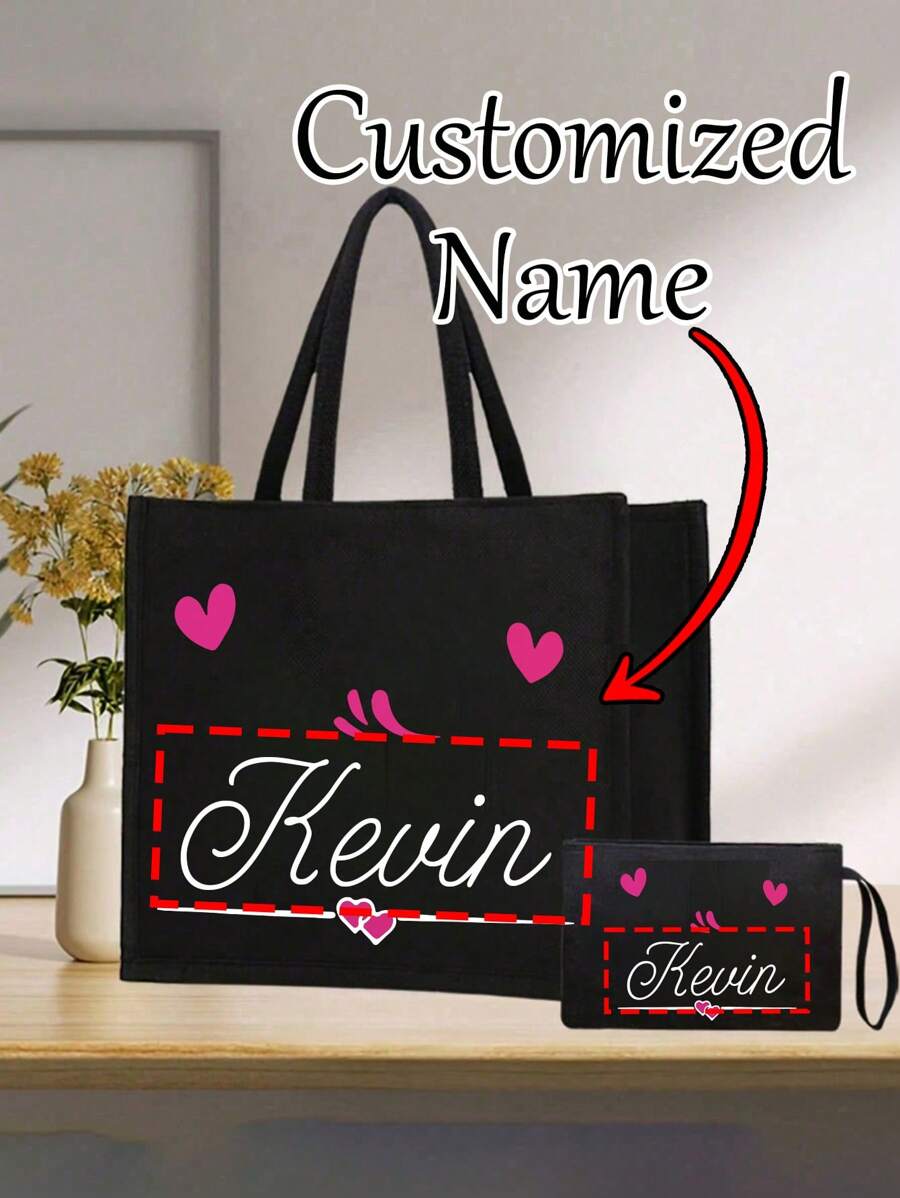 2pcs Personalized Name Heart Pattern Tote Bag And Cosmetic Bag Set, Women's Linen Large Capacity Tote Bag, Shopping Bag, Portable Casual Storage Tote Bag, Suitable For Daily Travel, Beach Vacation, Large Capacity Shopping Bag, Women's Tote Bag, Portable, Multifunctional, Versatile, Large Capacity, Lightweight, Practical, Multipurpose, Colorful, Cute, Adorable, Kawaii, Y2K Style, Vacation/Casual, Commuting - Black - View 1
