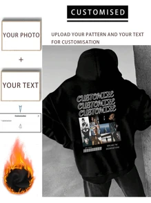 Customized Personalized Men's Autumn & Winter Hoodies Casual Thin Velvet Round-Neck Loose Hooded Sweatshirt With Pattern Design - Add Your Own Images (Family Photo/Selfie/Pet Photo/Friend Photo/Lover Photo/Girlfriend Photo) And Your Text To Design Your Personalized Printed Hoodies ﻿