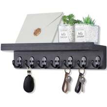 Soporte de pared para llaves, organizador de pared de madera para el hogar con 7 ganchos y estante de exhibición, estante de pared para sala de estar, entrada, cocina, baño, organizador de cocina y baño, luces de jardín, ganchos colgantes de pared, decoración del Día de San Valentín, soporte para llaves, soporte de pared para llaves, perchero de llaves - 7 ganchos - Ver 15