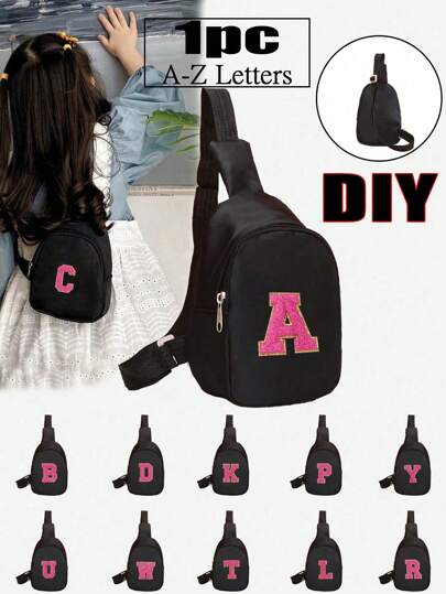1 件男孩和女孩尼龙拉链时尚字母图案迷你胸包休闲包日常使用（DIY 字母贴纸）