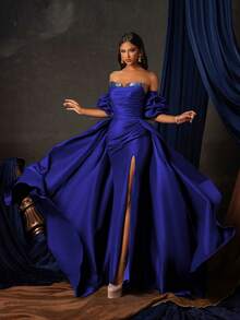 Elegante vestido largo de satén con hombros descubiertos, manga abullonada y abertura alta en azul real para mujeres, vestido de fiesta formal, vestido de boda para invitadas, vestido formal y de noche para mujeres - azul real - Ver 8