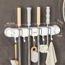 1 pièce Support mural pour balai et vadrouille avec crochets, organisateur puissant et autoadhésif pour balai et vadrouille pour jardin et garage, sans perçage, facile à installer et pratique à ranger