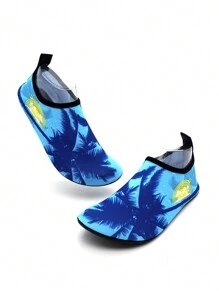 Men's Beach Shoes (Water Shoes) - Simple Blue Coconut Tree Pattern, Lightweight, Breathable, Quick - Drying And Ultra - Soft Soles