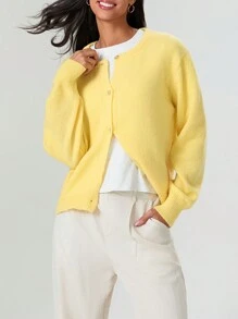 Women Button Up Sweaters Casual Lightweight Solid Color Knit Cardigans Warm Knitwear - Yellow - View 3
