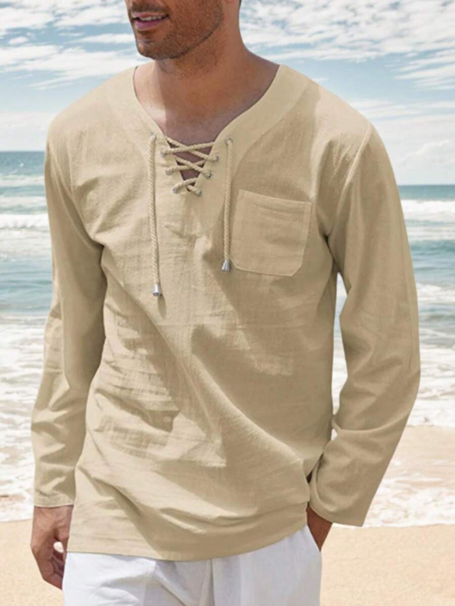 tooluck Men's Solid Color Cotton And Linen Long-Sleeved Shirt With Lace-Up V-Neck 100% Cotton - Shirt With Pockets - Apricot - View 1