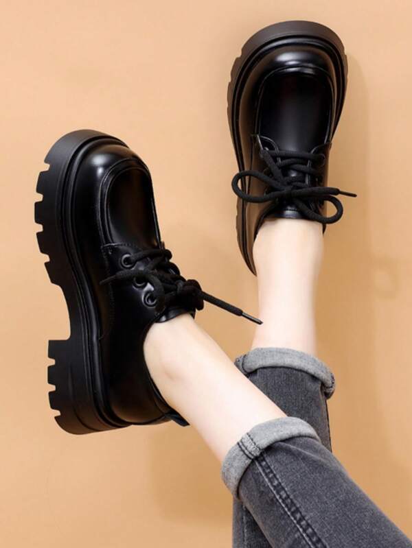Women's New Fashion Elegant Mary Jane Shoes, Flat Thick Heel Lace-Up Square Toe Flats, Versatile Comfortable Solid Mary Jane Platform Shoes, Black Thick Bottom Wedge High Heels, Patent Leather, Slip-On, Round Toe, Loafers, Casual Retro Shoes, Women Thick Sole Loafers & Casual Leather Sandals, Black Round Toe Soft Bottom Casual Slip-On Shoes For Spring And Autumn