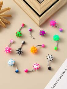 10pcs Rainbow Silicone Pom Pom Hypoallergenic Stainless Steel Belly Button Rings, Hot Sellers, Dopamine Colors, Unisex Punk Jewelry Suitable For Lesbians, Daily Wear