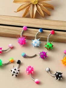 10pcs Rainbow Silicone Pom Pom Hypoallergenic Stainless Steel Belly Button Rings, Hot Sellers, Dopamine Colors, Unisex Punk Jewelry Suitable For Lesbians, Daily Wear